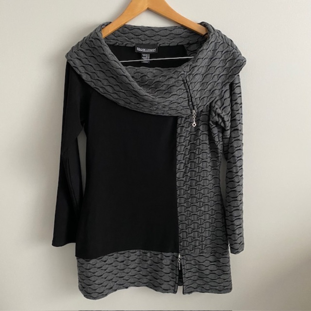 Frank Lyman Black and Gray Cowl Neck Sweater with Unique Two-Tone Design Size 12